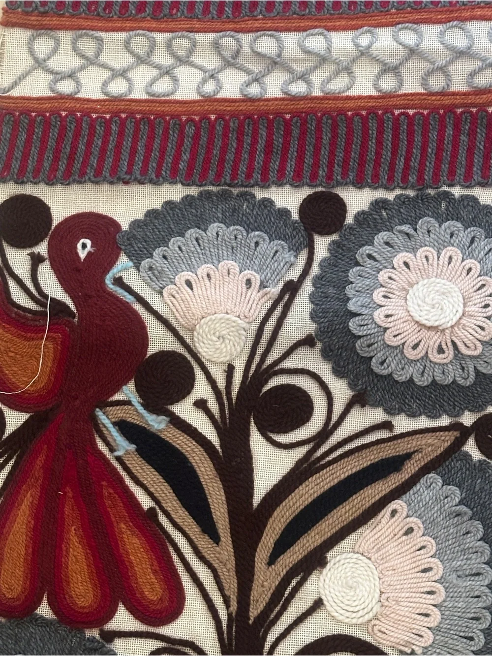 Vtg Embroidered Crewel Yarn Wall Runner Birds Folk Art Textile Tapestry READ 70